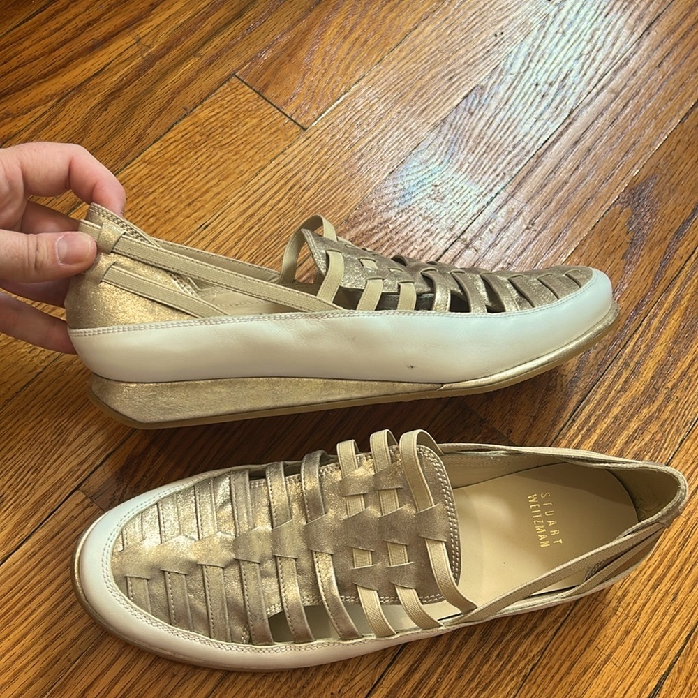 Stuart Weitzman Metallic Gold and Cream Loafers